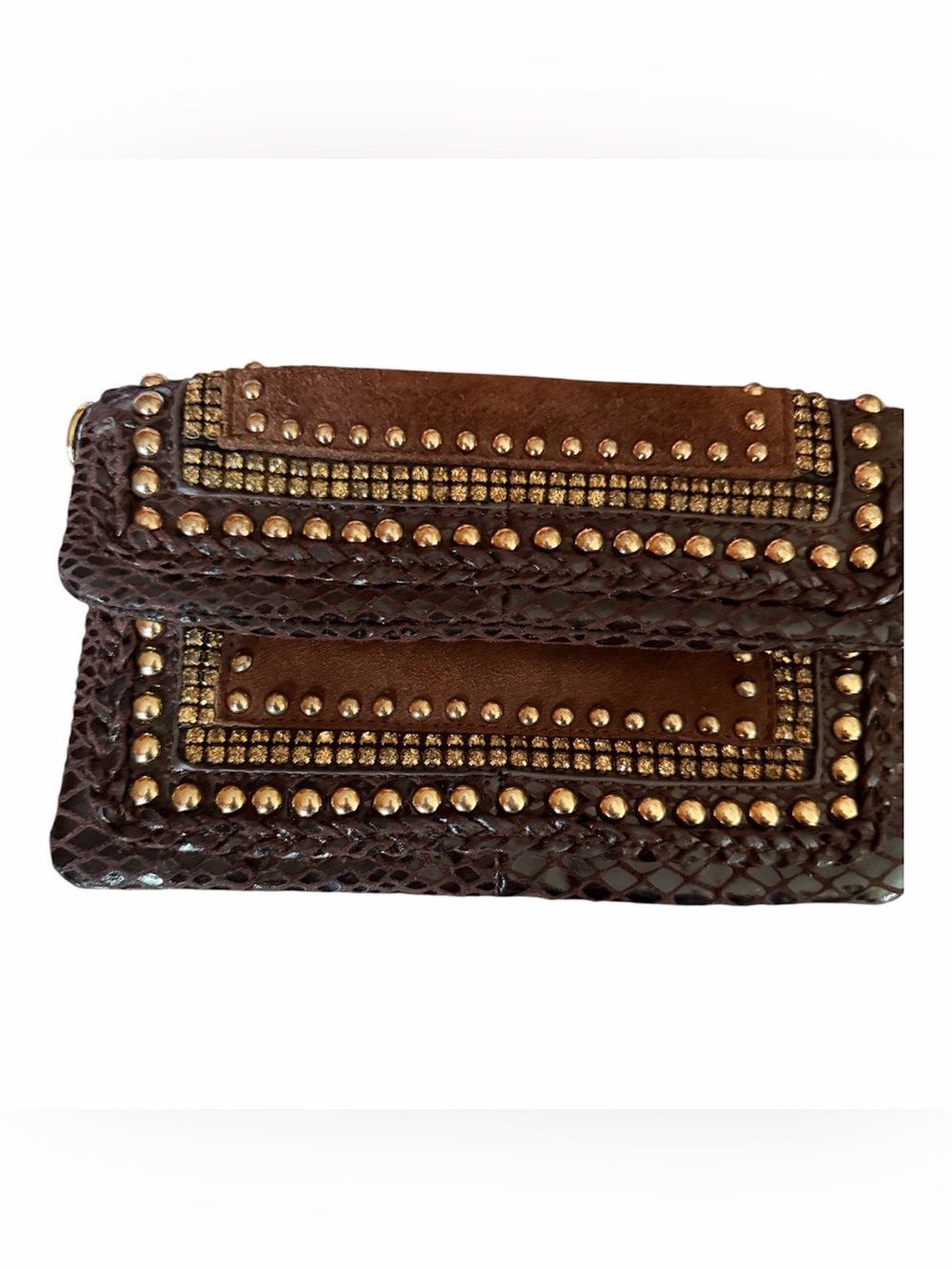 Cache wristlet purse brown studded 9”x 5.5” suede leather, missing wrist strap